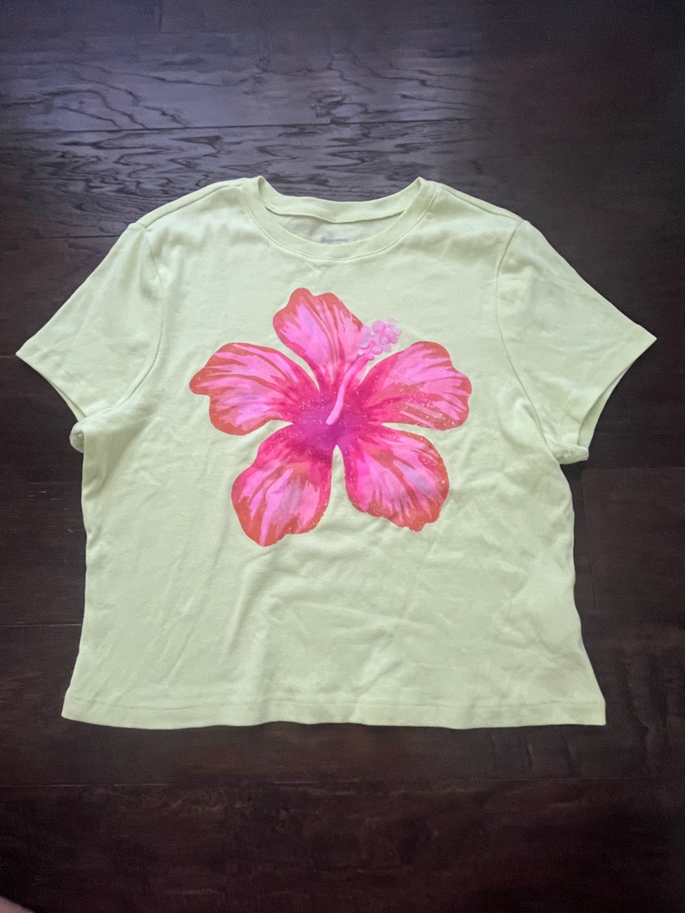 No Boundaries light neon Green Tee with Large Pink Hibiscus